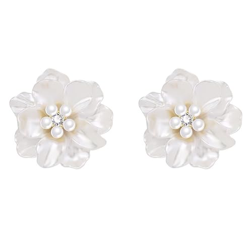 HETICA Pearl Flower Stud Earrings for Women, White Camellia | Faux Pearls, Cubic Zirconia, Lightweight Floral, Wedding, Party, Daily Wear, Gift