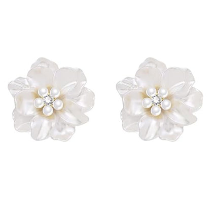 HETICA Pearl Flower Stud Earrings for Women, White Camellia | Faux Pearls, Cubic Zirconia, Lightweight Floral, Wedding, Party, Daily Wear, Gift