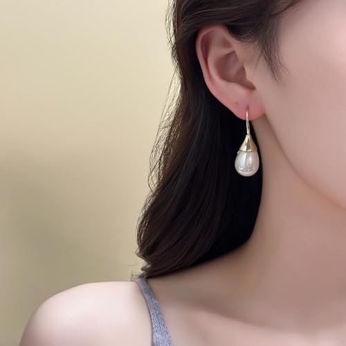 Unique Cream White Pearl Teardrop Drop Dangle Earrings for Women,Trendy Geometric Dangle Formal Hook Earrings for Wedding Prom - color: Gold-Cream Pearl