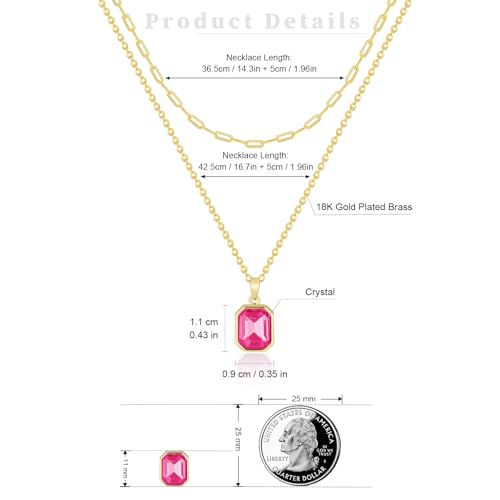 Gold Layered Necklaces for Women, 18k Gold Plated Crystal Necklace Paperclip Choker Emerald Green Jewelry for Women Gifts - color: Pink