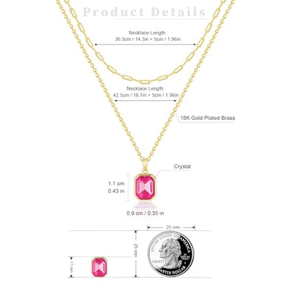 Gold Layered Necklaces for Women, 18k Gold Plated Crystal Necklace Paperclip Choker Emerald Green Jewelry for Women Gifts - color: Pink