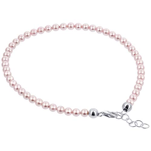 Gem Avenue .925 Silver Round Faux Pearl Adjustable Anklet with 9 to 10 inch Long - color: Pink