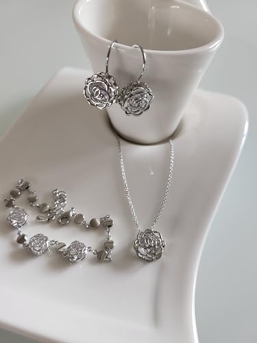 Women 18K Gold Plated White Crystal Roses Flower Set Necklace Earrings Bracelet for Women Wedding Party Bridal Bridesmaid Accessories - color: Silver