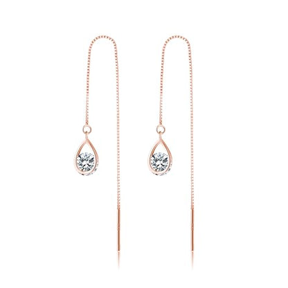 Reffeer Solid 925 Sterling Silver CZ Droplet Chain Dangle Earrings for Women Teen Girls Tassel Dangle Earrings Threader - color: C-Rose Color