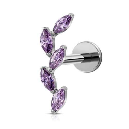 FINE4U 16G CZ Cluster Climber Cartilage Earring for Helix, Tragus - ASTM F136 Titanium Triple Marquise Labret Stud, Screw on Nickel Free Flat Back Jewelry - color: Five Marquise - Amethyst CZ - Tit