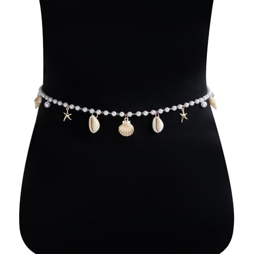 Blue Drop Starfish Waist Chain Belt and Arm Cuff Set for Women Starfish Shell Bracelet Gold Plated Cuff Bangle Arm Boho Holiday Beach Accessories Jewelry - color: Cuff with Pearl Waist Chain
