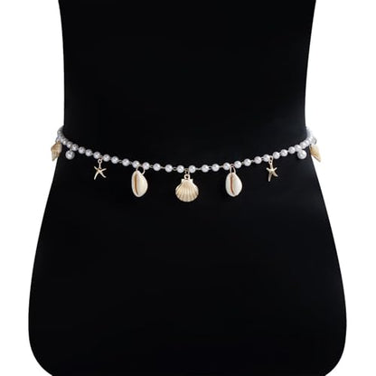 Blue Drop Starfish Waist Chain Belt and Arm Cuff Set for Women Starfish Shell Bracelet Gold Plated Cuff Bangle Arm Boho Holiday Beach Accessories Jewelry - color: Cuff with Pearl Waist Chain