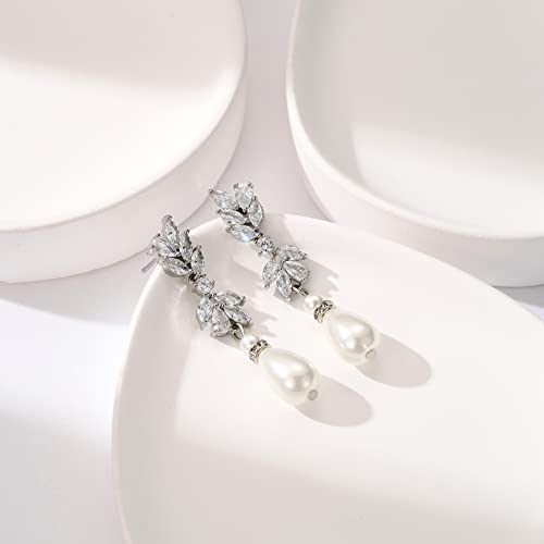 SWEETV Cubic Zirconia Pearl Drop Wedding Earrings for Brides, Ivory Bridal Pearl Earrings for Bridesmaid Jewelry Gift - color: 06.Style 6