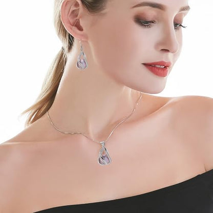 Pearl Jewelry Set For Women S925 Sterling Silver/14K Gold Plated Necklace & Earrings Set Freshwater Pearl Pendant Cage Set for Wedding Anniversary Prom Birthday Gift - color: Silvery-Purple