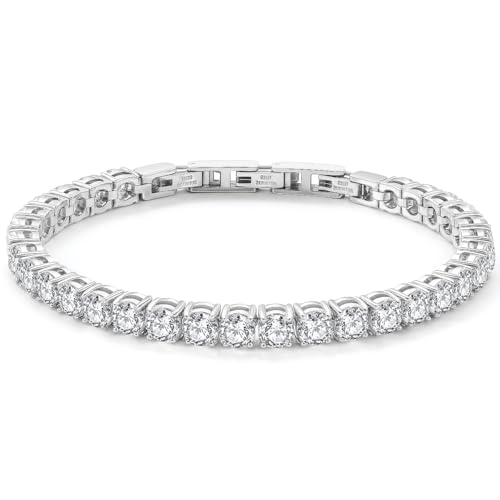 Stainless Steel Adjustable CZ Tennis Bracelet for Women Men | 14K Gold Plated, Round 3mm/4mm/5mm AAAA+ Cubic Zirconia, Dainty Classic, Festival Wedding Jewelry Gift - color: Steel, size: CZ 5mm