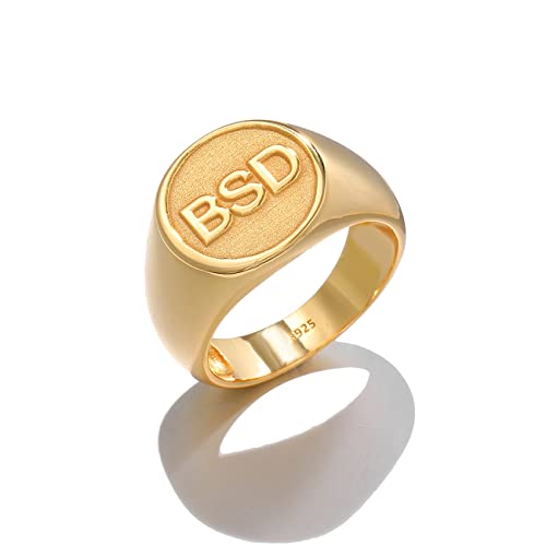 925 Sterling Silver Personalized Letter Signet Pinky Ring for Men Custom Initial Engraved Monogram Chevalier Ring - color: Gold