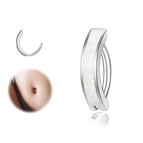 ZS 14G Clicker Belly Button Rings for Women, 925 Sterling Silver Opal Belly Barbell Piercing Reverse Curved Navel Barbell Body Jewelry - color: White Opal:16G,8mm