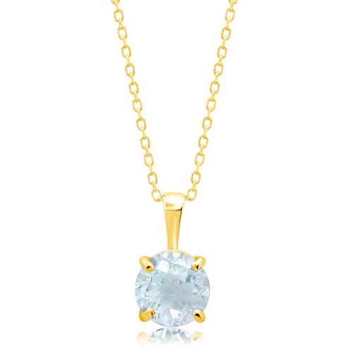 MAX + STONE 14k White or Yellow Gold Gemstone Round Pendant Necklace for Women 6mm Solitaire Birthstone with 18 Inch Cable Chain - color: Genuine Aquamarine