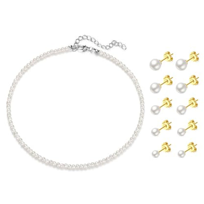 D.Bella Pearl Necklace Stud Earrings Set for Women Dainty Round Imitation Pearl Choker Necklace for Wedding -5Pairs Hypoallergenic Earrings Delicate Jewelry - color: A-Gold