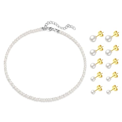 D.Bella Pearl Necklace Stud Earrings Set for Women Dainty Round Imitation Pearl Choker Necklace for Wedding -5Pairs Hypoallergenic Earrings Delicate Jewelry - color: A-Gold