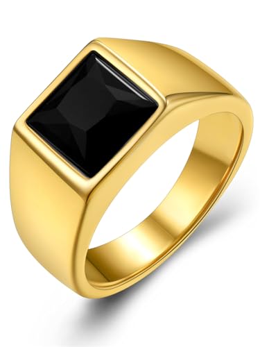 KeyStyle Square Gemstone Signet Rings for Men, Personalized Stainless Steel Pinky Ring with Black Onxy Blue Topaz Birthstone Statement Ring - color: Gold -Black Onyx - 8mm