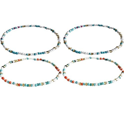Boho Beads Anklets Set of 2pcs, Waterproof Beach Adjustable Stretch Imitation Turquoise White Pearls Bracelets for Women, Handmade Jewelry Gifts - style: 4pcs