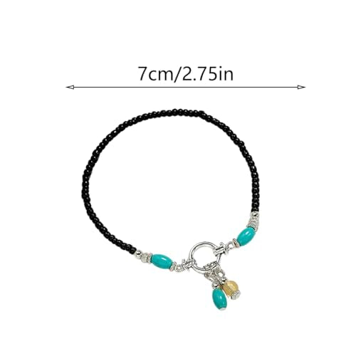 Turquoise Beaded Anklet for Women - Boho Summer Beach Foot Jewelry, Elegant Seed Bead Chain with Metal Ring & Tassels - color: Black