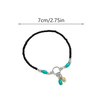 Turquoise Beaded Anklet for Women - Boho Summer Beach Foot Jewelry, Elegant Seed Bead Chain with Metal Ring & Tassels - color: Black