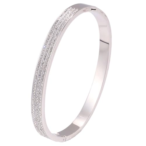 Triple-Row Rhinestone Hinged Bangle Bracelets fow Women；Sliver Plated Stainless Steel