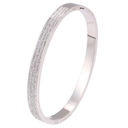 Triple-Row Rhinestone Hinged Bangle Bracelets fow Women；Sliver Plated Stainless Steel