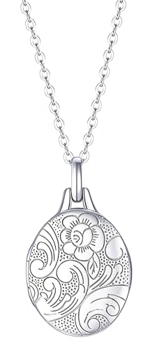 YOUFENG Love Heart Locket 14K Gold-Filled Oval Circle Rectangle Lockets that Hold Pictures Floral Patterns Necklace for Women - style: Silver Oval