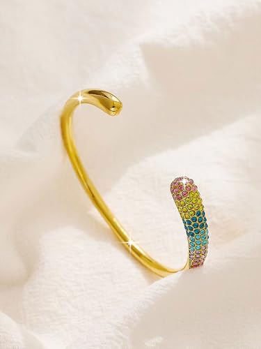 Adjustable Open-Cuff Bracelet for Women – Stainless Steel Gold Bangle with Colorful Rhinestones, Layering Accessory