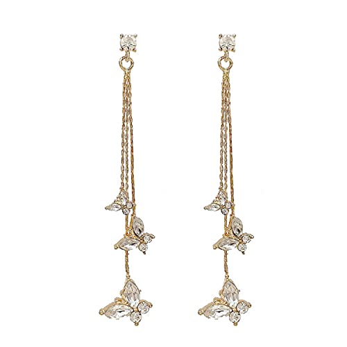Temperament Crystal Butterfly Drop Dangle Earrings for Women Long Tassel Butterfly Stud Earrings - color: Gold