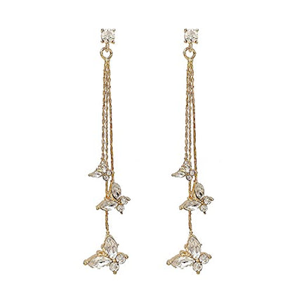Temperament Crystal Butterfly Drop Dangle Earrings for Women Long Tassel Butterfly Stud Earrings - color: Gold