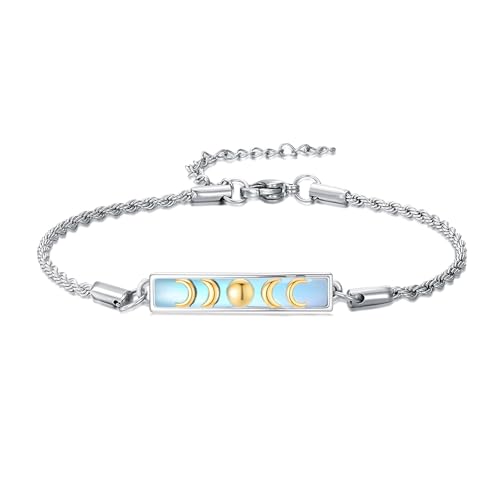 Waves/Tree of Life/Mushrooms/Moon Phase/Butterfly/Hummingbird Bracelet/Anklet 925 Sterling Silver Adjustable Abalone Shell Bar Bracelet/Anklet Summer Jewelry Gifts for Women - color: Moon Phase-Moonstone, size: Bracele 7"+2"