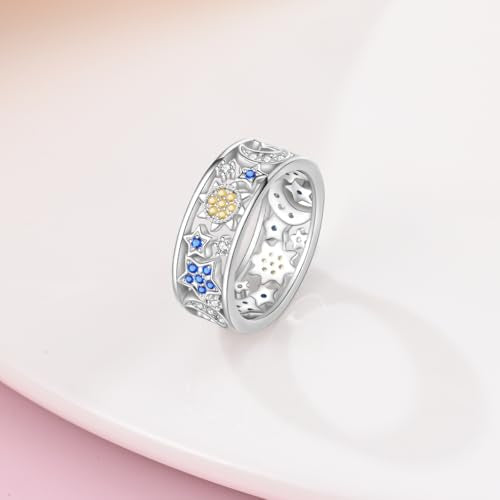 KUNSIR 925 Silver Cubic Zirconia Ring Size 7-9 Wedding Band Sterling Silver Eternity Ring Modern Style - style: Wide Band Star and Moon Ring
