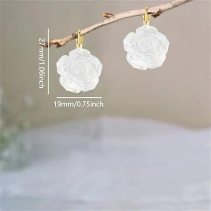 Handmade Bohemian Aesthetic Dainty Acrylic Flower Petal Leverback Earrings Sparkly 14K Gold Floral Dangle Drop Earrings for Women - color: White