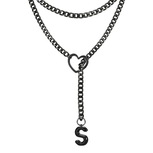 Black Heart Slip Chain Initial Necklaces for Women, Stainless Steel Wrap Choker Necklace, Gothic O-Ring Adjustable Lariat Y Necklaces, Punk Cuban Collar Choker Necklace, Halloween Jewelry Gift - color: Black S