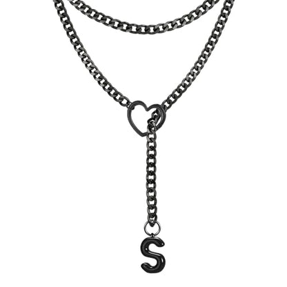 Black Heart Slip Chain Initial Necklaces for Women, Stainless Steel Wrap Choker Necklace, Gothic O-Ring Adjustable Lariat Y Necklaces, Punk Cuban Collar Choker Necklace, Halloween Jewelry Gift - color: Black S