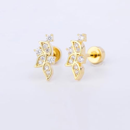 Crystal Leaf Cartilage Tiny Stud Earrings Stainless Steel Cubic Zirconia Leaves Flower Screw Flat Back Tragus Helix Studs Earring for Women Girls Men Dainty Jewelry Gifts 18G - color: Gold