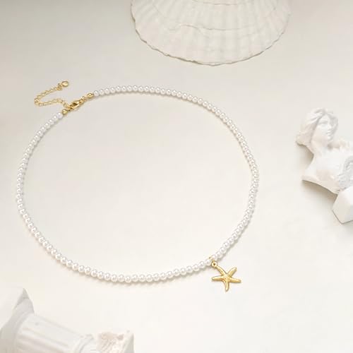 Zeffy Pearl Necklace 4MM/6MM/8MM Dainty Round Imitation Pearl Choker Necklace Wedding Pearl Necklace Delicate Jewelry for Women Simple Bridesmaid Jewelry Gifts - style: 4mm Gold Starfish Pearl Necklace(16"+2")