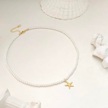 Zeffy Pearl Necklace 4MM/6MM/8MM Dainty Round Imitation Pearl Choker Necklace Wedding Pearl Necklace Delicate Jewelry for Women Simple Bridesmaid Jewelry Gifts - style: 4mm Gold Starfish Pearl Necklace(16"+2")