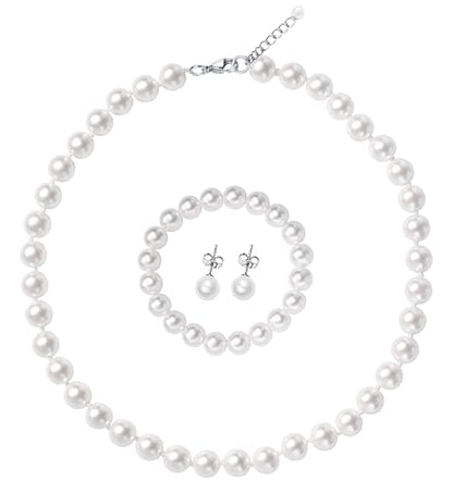 White Faux Pearl Jewelry Set for Women & Girls, Necklace Bracelet Earrings | Hand Knotted Craftsmanship, Glass Material, Daily Elegant Outfit, Gift - style: 15inch