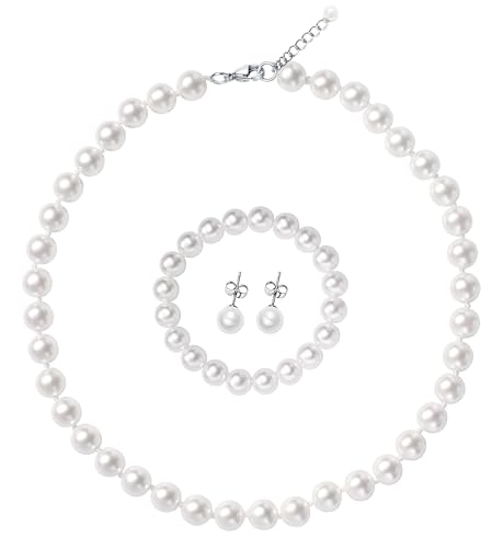 White Faux Pearl Jewelry Set for Women & Girls, Necklace Bracelet Earrings | Hand Knotted Craftsmanship, Glass Material, Daily Elegant Outfit, Gift - style: 18.5inch