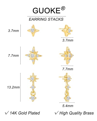 3 Pairs Earring Stacks, Gold Earring Set Jewelry Gift for Women | Small, 14K Gold/White Gold/Black/Rose Gold Plated, Hypoallergenic, Her, Everday, Stackable, Simple, 3 Holes - color: Gold-North Star