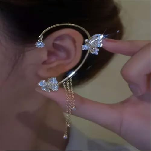 Gold Plated Zircon Butterfly Ear Cuff Clip Non Piercing Wrap Jewelry Earring New-Left-Gold Butterfly Tassel(1pc) - color: Left-gold Butterfly Tassel(1pc)
