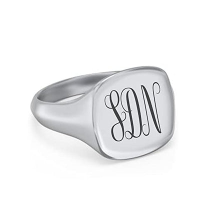 Personalized Monogram 3 Letters Engraved Square Charm Initial Signet Ring Jewelry - color: Silver