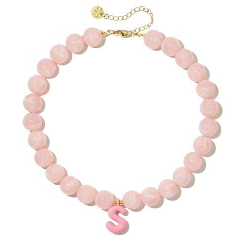 DoDoBeads Chunky Colorful Beaded Initial Necklace, Bubble Letter Choker | Gift box and dust pouch included; waterproof and sweat-resistant with real gold plated stainless steel hardware - color: Pink-S