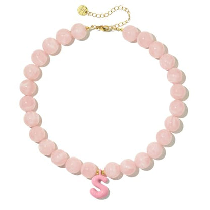 DoDoBeads Chunky Colorful Beaded Initial Necklace, Bubble Letter Choker | Gift box and dust pouch included; waterproof and sweat-resistant with real gold plated stainless steel hardware - color: Pink-S