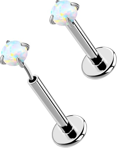 OUFER 2PCS 16G/20G Nose Lip Studs, G23 Solid Titanium Threadless Push in Nose Nostril Lip Labret Medusa Monroe Helix Cartilage Tragus Conch Lobe Piercing Jewelry for Women Men - color: Silver bar, Claw Opal, size: 2pcs, 16g 8mm, 1.5mm Opal