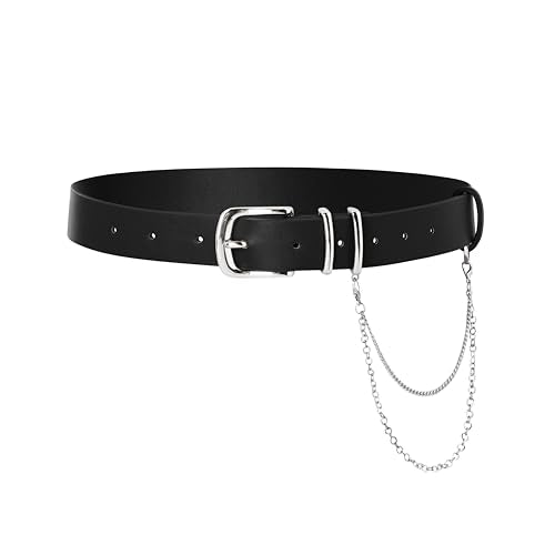 Scarlet Darkness Women's Faux Leather Waist Belt with Detachable Chain | Vintage Gold Buckle, Removable Chain, Adjustable Waist, Fashion Casual Style, for Daily Wear, Ren Faire, Versatile - color: Black Silver Buckle, size: XL Fit Waist Size 33.5"-36"