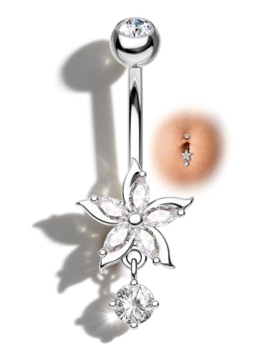 Flower Belly Button Ring 14G Dangle Navel Rings Stainless Steel Belly Button Piercing Jewelry - color: WG-10MM