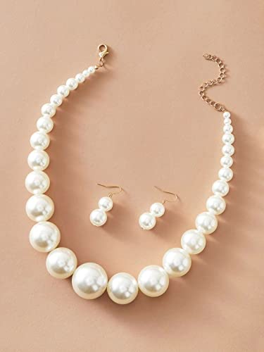 Fuqimanman2020 Chunky Large Simulated Pearl Choker Necklace Drop Dangle Earrings Crystal Bib Big Round Beaded Strand Multicolor Costume Statement Wedding Jewelry Set for Women Brides - color: Beige