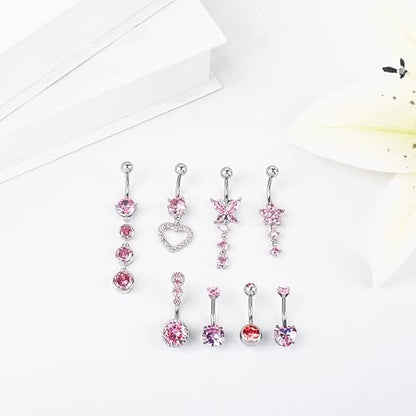 LEE&RO Belly Button Ring Dangle Stainless Steel Belly Rings 14G Belly Button Piercing Cute Navel Ring Belly Piercing Jewelry - style: Clear-Pink
