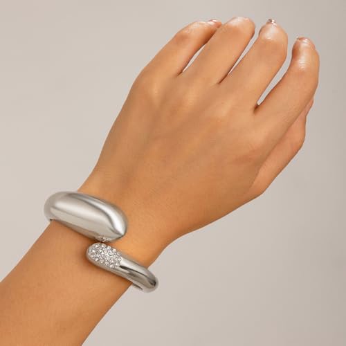 Big Chunky Gold Bracelets Set for Women 3Pcs Cuff Wide Bracelet Trendy High Shine Bracelets Minimalist Open Wide Cuff Bracelets Gold Bangle Bracelet Jewelry for Women - style: B-Silver